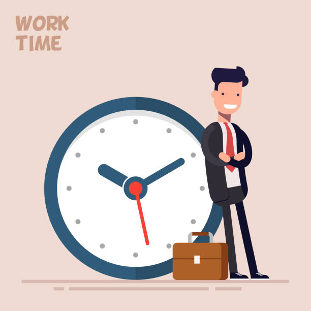 Happy businessman or manager is standing near a big clock. Vector illustration in a flat style. Concept of time management. Happy businessman or manager is standing near a big clock. Vector illustration in a flat style. Concept of time management moment of silence stock illustrations