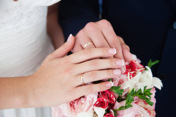 istock Bride and groom hands with wedding rings 863840116