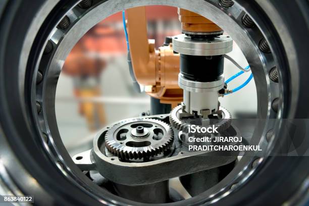 Heavy Automation Robot Arm Machine In Smart Factory Industry 4th Iot Conceptaugmented Reality Marketing With Qr Code Needle Roller Bearings And Machine Rings And Stack Light Stock Photo - Download Image Now