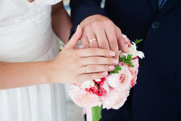 istock Bride and groom hands with wedding rings 863842904