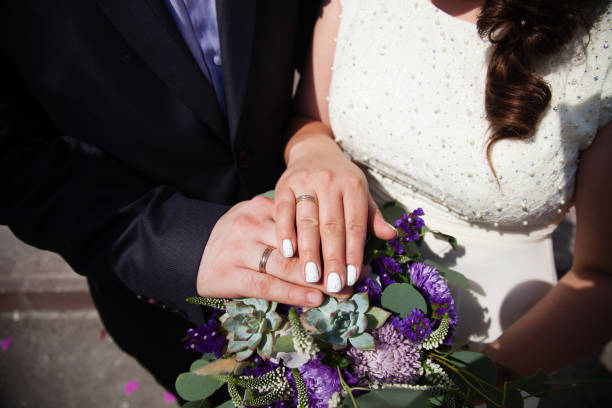istock Bride and groom hands with wedding rings 863845526