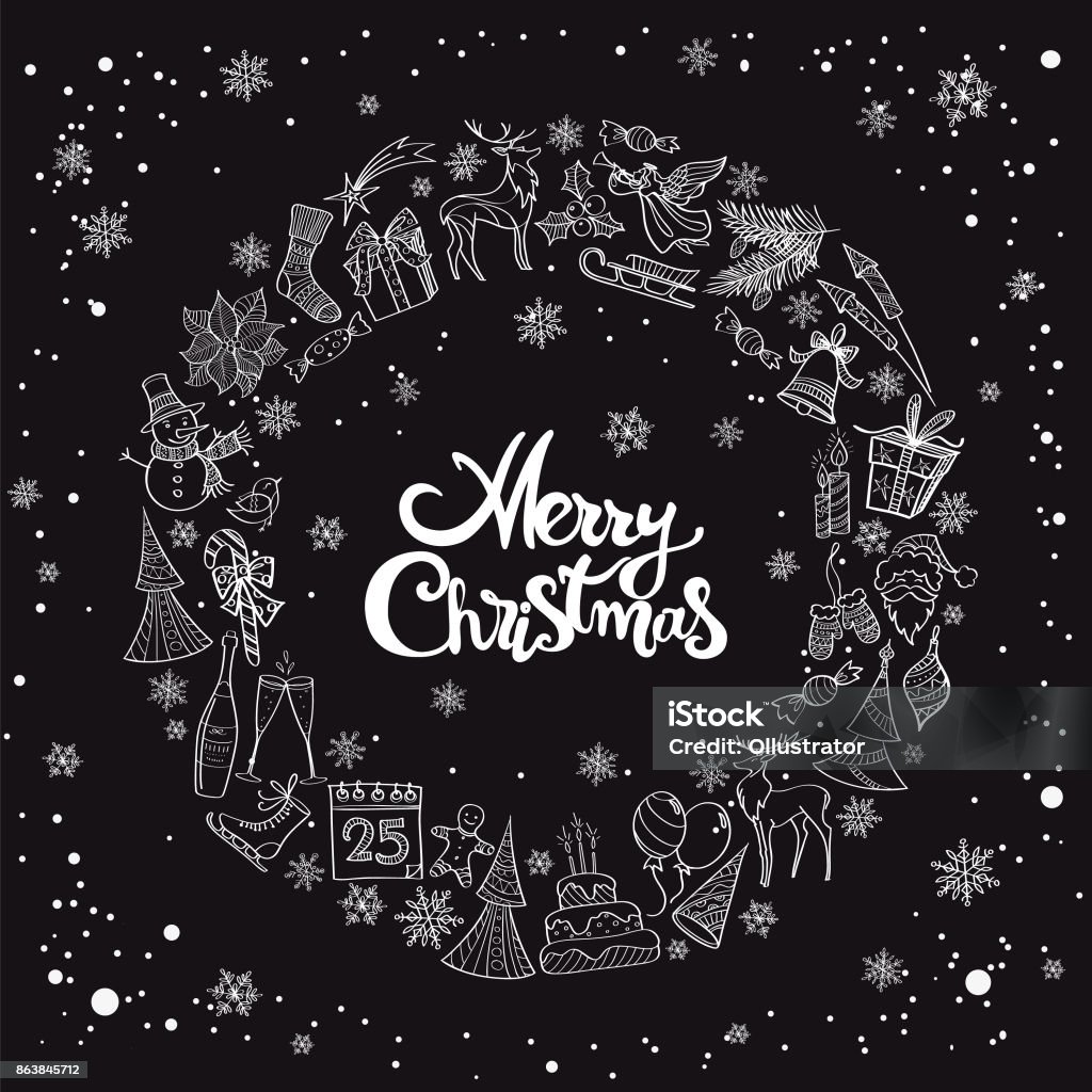 Hand drawn christmas elements wreath Set of vector illustration icons in black and white showing various christmas elements, with lettering "merry christmas" in the middle. Christmas stock vector