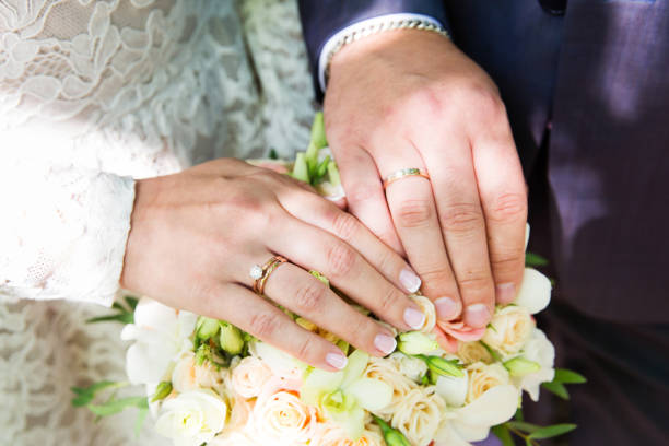 istock Bride and groom hands with wedding rings 863850022