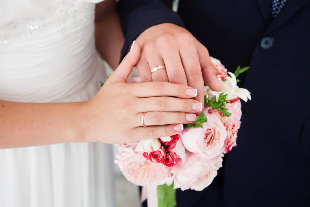 istock Bride and groom hands with wedding rings 863857222