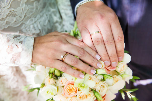 istock Bride and groom hands with wedding rings 863860294