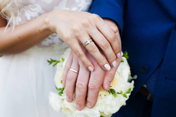 istock Bride and groom hands with wedding rings 863860494