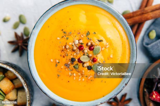 Soup With Sweet Potatoes Carrots Pumpkin Flat Lay Top View Stock Photo - Download Image Now