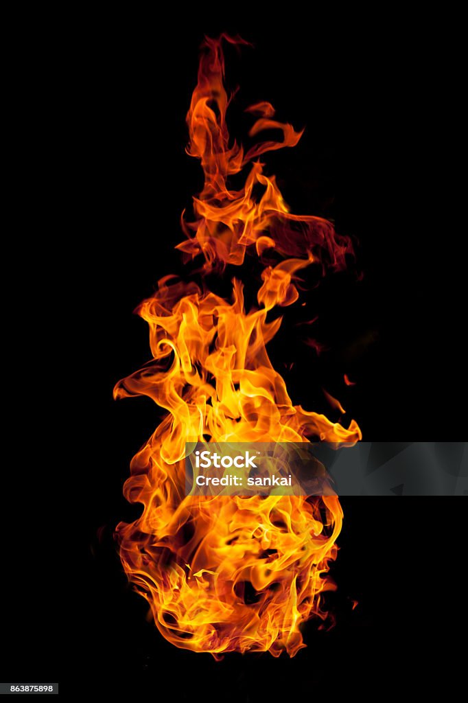 Flamme brûlante isolée sur fond noir - Photo de Flamme libre de droits