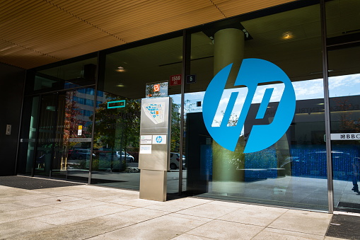 Prague, Czech republic - October 14, 2017: The Hewlett-Packard company logo on headquarters building on October 14, 2017 in Prague, Czech republic. HP unveils worlds most powerful and first detachable PC workstation.