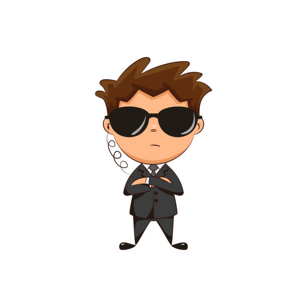 Bodyguard child Bodyguard, child, cute kid wearing dark formal suit, sunglasses, arms crossed, security service, spy, young man, person, cartoon character, vector illustration, isolated, white background doorman stock illustrations