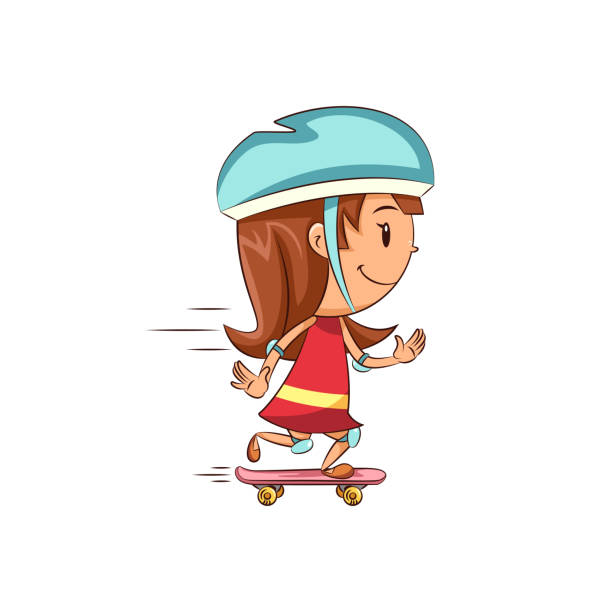 Girl skateboard Child on skateboard, cute kid, skater, ride, wearing helmet, protective pads, balance, girl, playing, young woman, person, vector illustration, isolated, white background extreem weer stock illustrations