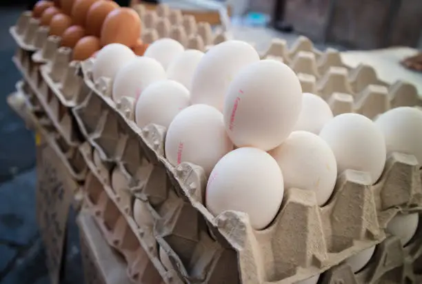 Italian fresh white and brown eggs at local street  market