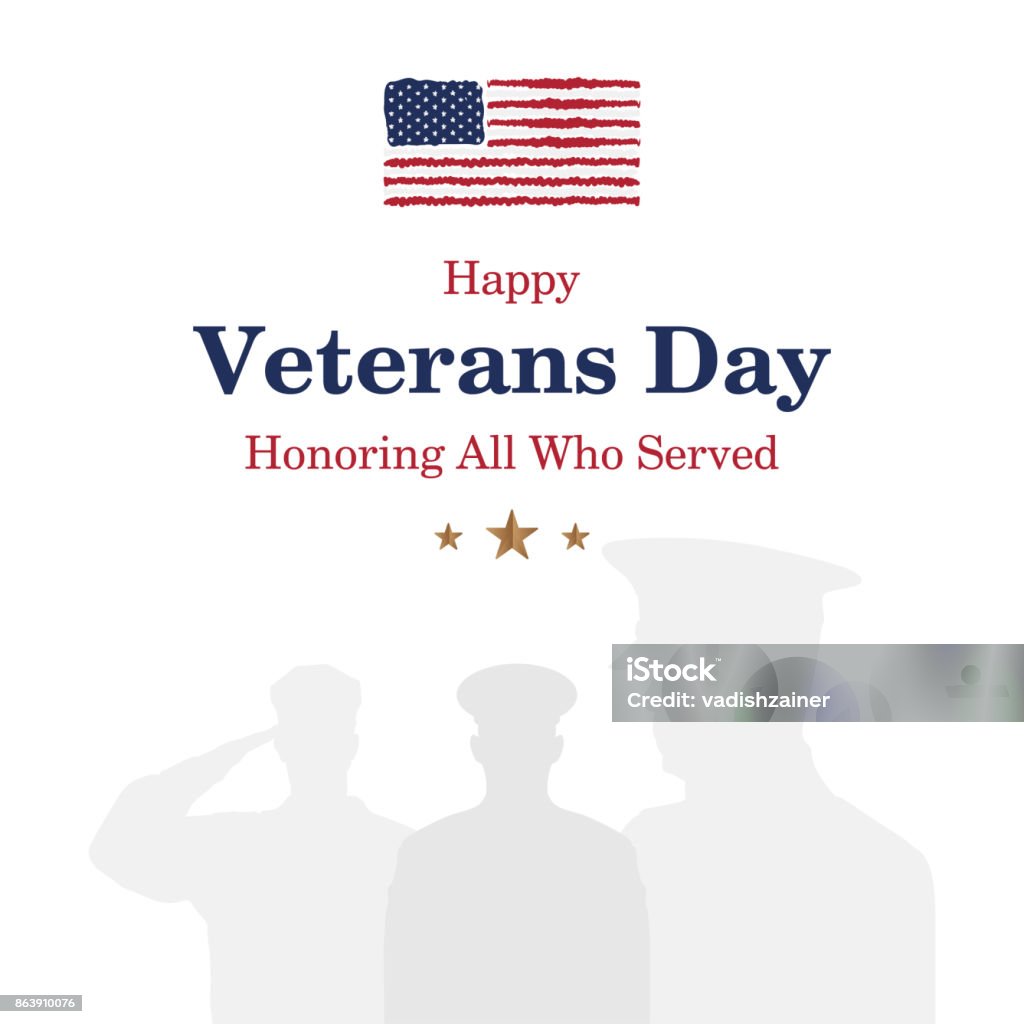 Happy Veterans Day. Greeting card with USA flag and soldier on background. National American holiday event. Flat vector illustration EPS10. Happy Veterans Day. Greeting card with USA flag and soldier on background. National American holiday event. Flat vector illustration EPS10 US Veteran's Day stock vector