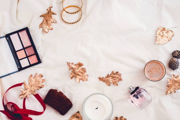 istock Fall beauty products from above on white 863912850