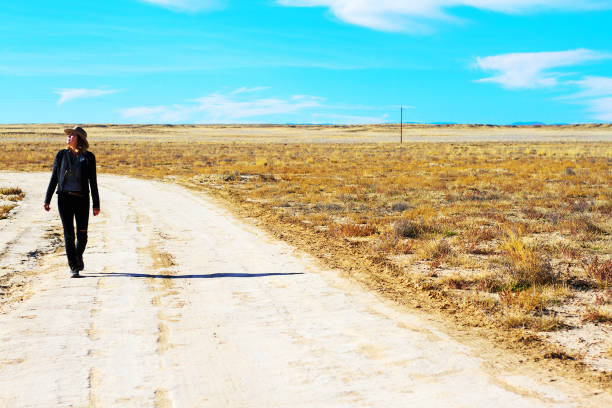 istock Woman Walking Alone on Dirt Road in Grasslands Wilderness 863913410