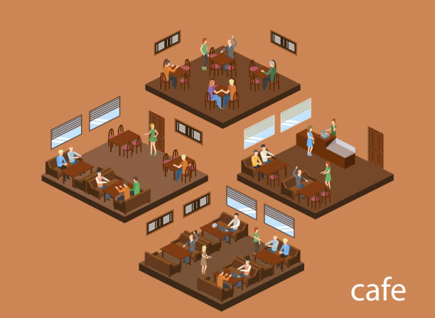 ilustraciones, imágenes clip art, dibujos animados e iconos de stock de vector 3d isométrico ilustración diseño interior cafetería, tienda de café con camareras y visitantes - isometric people cafe coffee shop