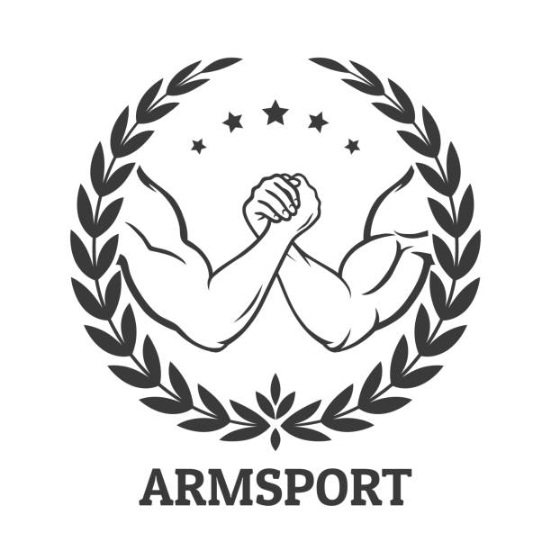 Arm wrestling Arm wrestling with two men hands, stars and laurel wreath. Vector illustration arm wrestling stock illustrations