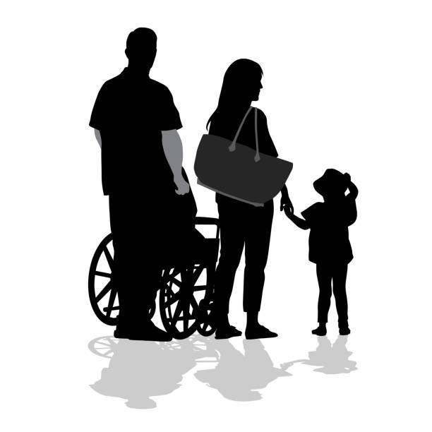 illustrazioni stock, clip art, cartoni animati e icone di tendenza di famiglia in attesa della sedia a rotelle della nonna - wheelchair women outline holding hands