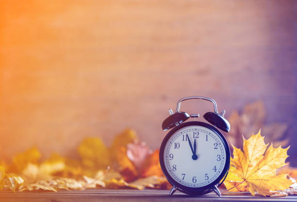 istock Vintage alarm clock and maple tree leaves 863948358