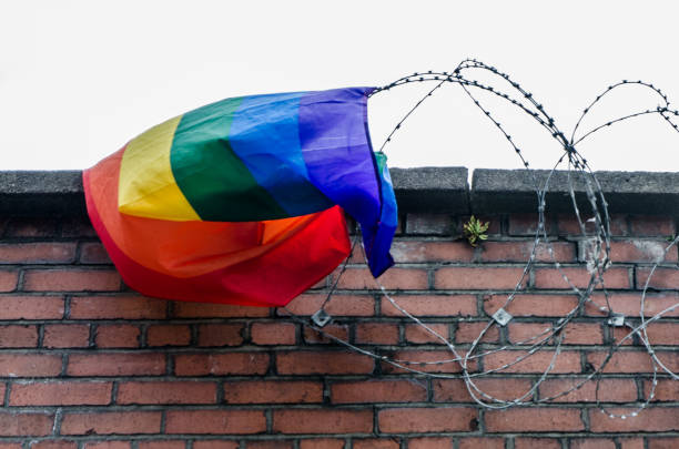 Gay pride flag stuck in barbed wire over a brick wall