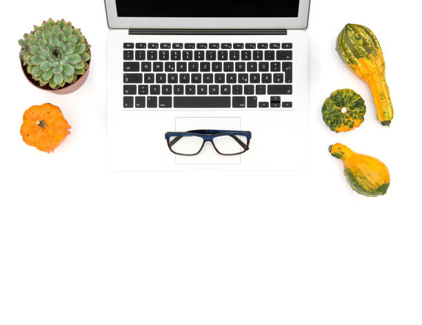 istock Office workplace Flat lay Laptop succulent autumn pumpkin 863948726
