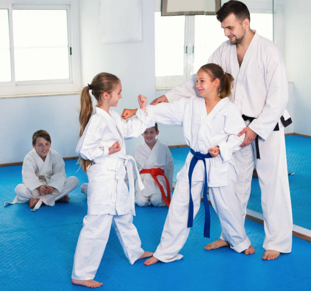 istock Pair of little girls practicing new karate moves during class 863963742