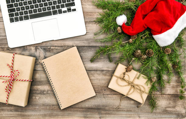istock Christmas decoration pine branches gifts flat lay 863970334