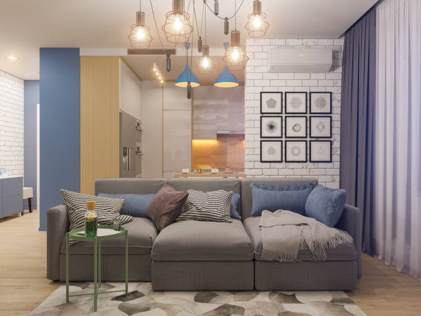 istock 3d illustration living room and kitchen interior design. Modern 863972912
