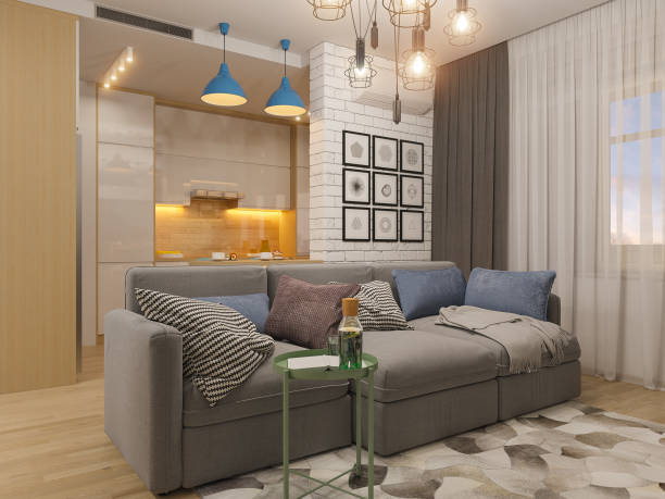 istock 3d illustration living room and kitchen interior design. Modern 863972914