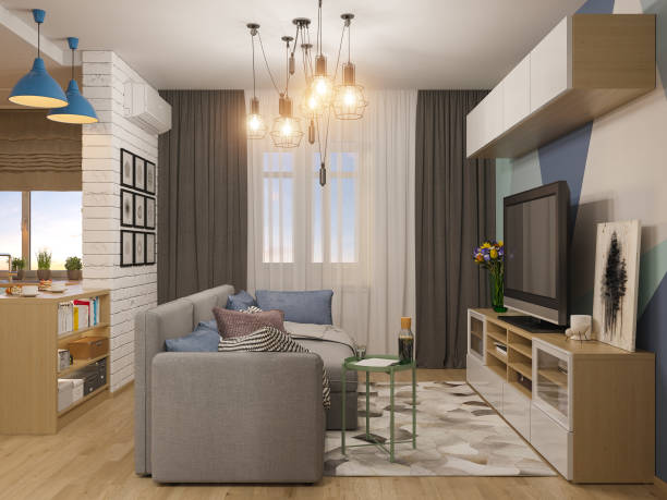 istock 3d illustration living room and kitchen interior design. Modern 863980448