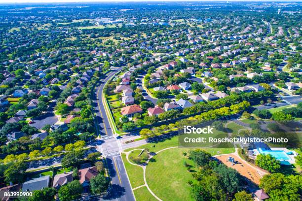 Round Rock Texas Usa Aerial Drone View High Above Suburb Neighborhood At Park Homes Stock Photo - Download Image Now