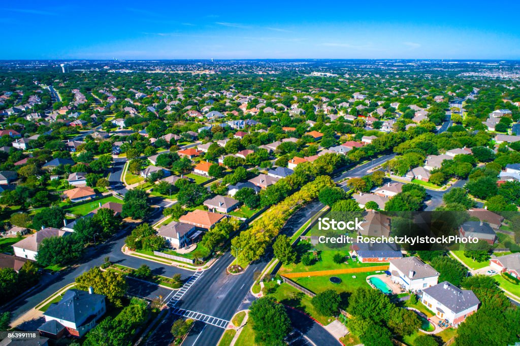 Growing suburban town Round Rock , Texas , USA aerial drone view high above Suburb Neighborhood with Vast amount of Homes Round Rock , Texas , USA aerial drone view high above Suburb Neighborhood with Vast amount of Homes - Summertime in the best place to live in America Texas Stock Photo