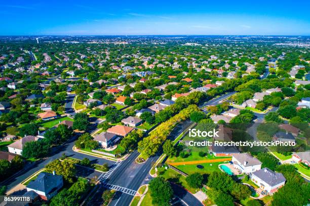 Growing Suburban Town Round Rock Texas Usa Aerial Drone View High Above Suburb Neighborhood With Vast Amount Of Homes Stock Photo - Download Image Now