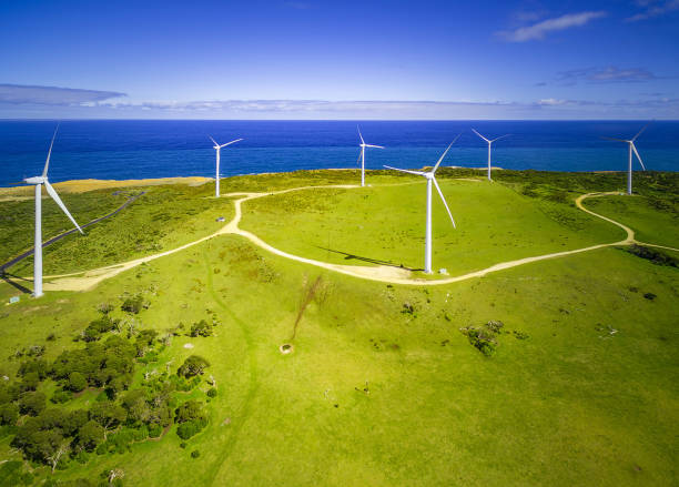 Aerial view of a wind farm and ocean in Australia stock photo