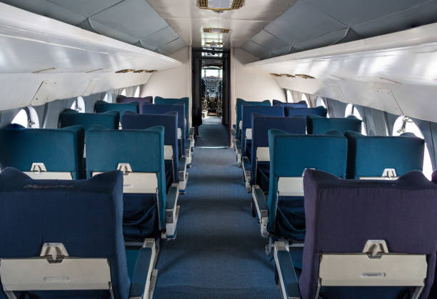 istock Empty seat rows in commercial old aircraft cabin 863993976