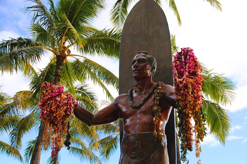 Hawaii, United States – January 7, 2013: Duke Kahanamoku iconic statue. Duke is considered “The father of modern surfing”, a master of swimming, surfing and outrigger canoe paddling.