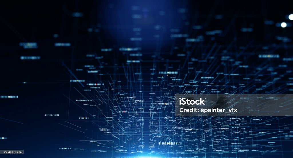 Transfer and storage of binary code sets Data transmission channel. Motion of digital data flow. Transferring of binary code. 3D Rendering Downloading Stock Photo