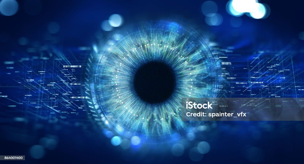 Security access  technology Eye viewing digital information represented by circles and signs, background depth of field. Technology concept. 3D Rendering Eye Stock Photo