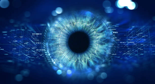 Security access  technology Eye viewing digital information represented by circles and signs, background depth of field. Technology concept. 3D Rendering blue iris stock pictures, royalty-free photos & images