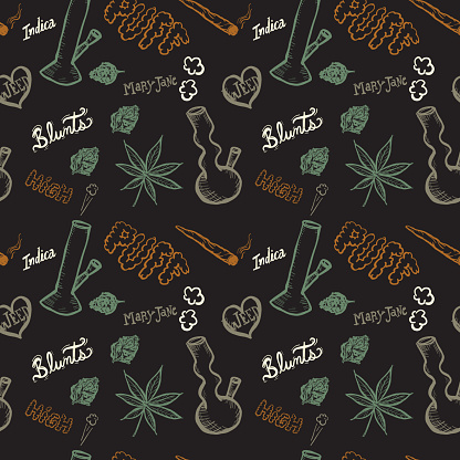 Cannabis weed culture hand drawn elements pattern designs. Includes hand lettering text. Sayings and phrases included.