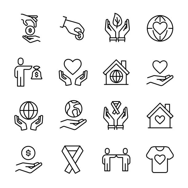 ilustraciones, imágenes clip art, dibujos animados e iconos de stock de simple colección de voluntariado relacionadas con los iconos de la línea. - relieve