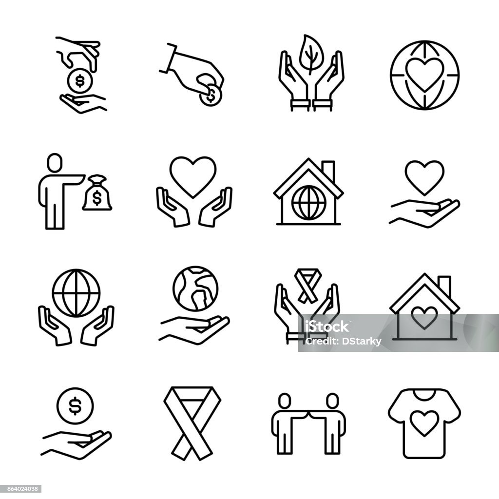 Simple collection of volunteering related line icons. Simple collection of volunteering related line icons. Thin line vector set of signs for infographic, logo, app development and website design. Premium symbols isolated on a white background. Hand stock vector