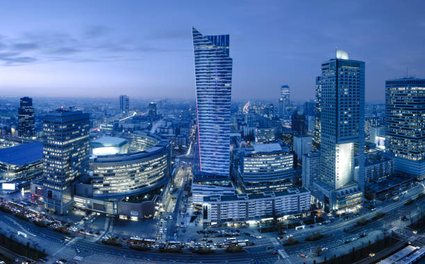 istock Panoramic view of Warsaw downtown during the night 864024310