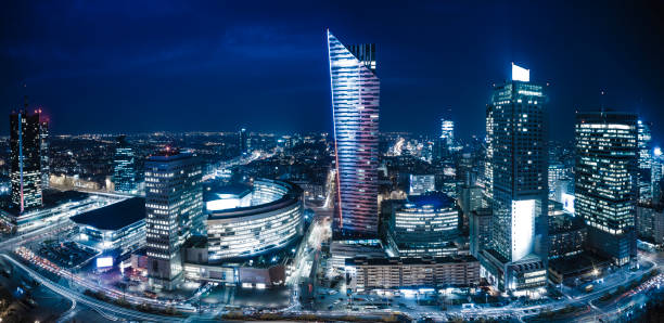 istock Panoramic view of Warsaw downtown during the night 864026624