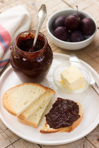istock Homemade plum jam with chocolate. Toasts with jam. 864026850