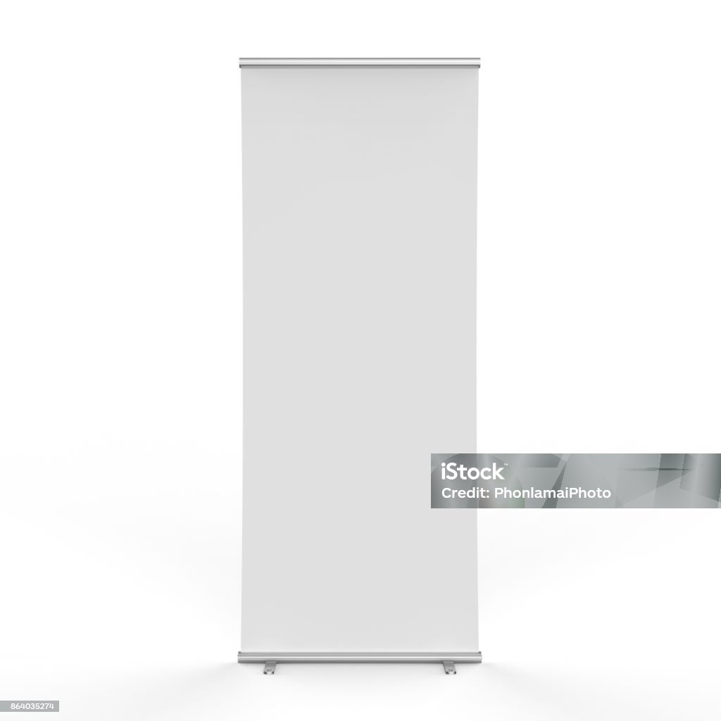 empty roll up banner 3d rendering empty roll up banner on white background Banner - Sign Stock Photo