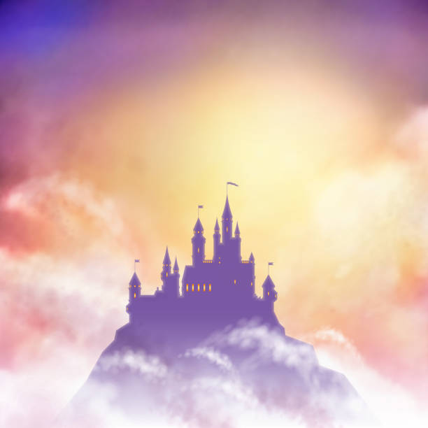 Vector Castle Illustration Vector castle silhouette on the hill against rising sun background. fairy tale stock illustrations