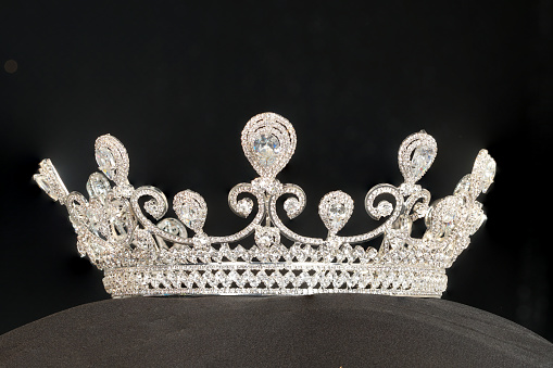 Diamon Silver Crown for Miss Pageant Beauty Contest, Crystal Tiara decorate with many shape of gems stone and bokeh background, HDR stacking Marcro photography