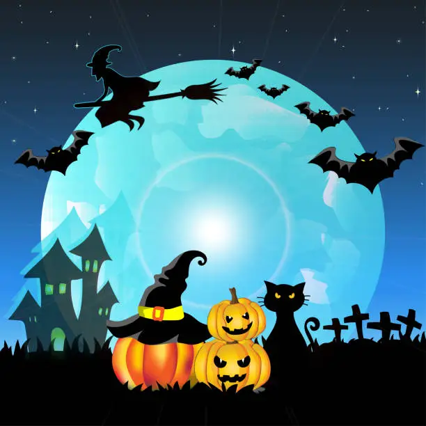 Vector illustration of Vector and Illustration of Halloween theme background with Halloween pumpkin, pumpkin lanterns and black cat with silhouette of haunted castle and tomb, flying witch and bats on blue sky  full moon