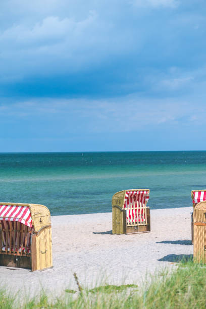 Red striped roofed chairs on empty sandy beach in Travemunde. Grass bush in foreground. Germany